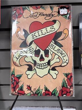 Ed Hardy Red Heart & Rose Skull Wall Plaque